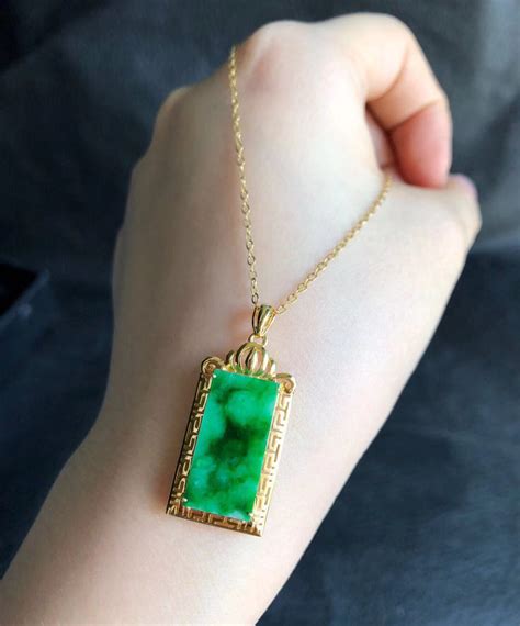 18K Gold & Natural Jadeite Necklace Pure Green Jadeite Floats Pendant - Gradejade By Melody