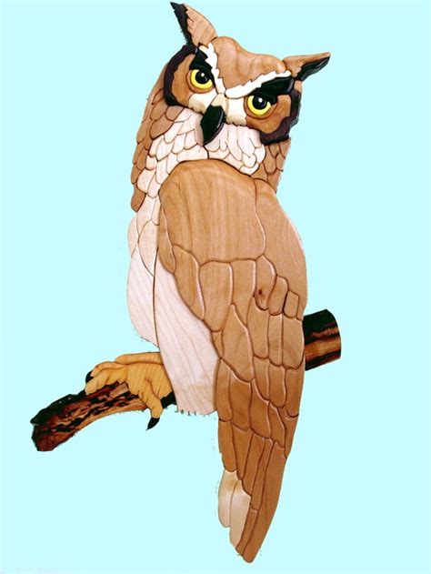 Handcrafted Great Horned Owl Intarsia Wood Art Wall Hanging Etsy