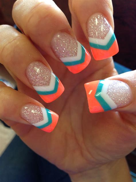 Her eye makeup look span from everyday makeup to creative, more expressive party looks. White teal neon coral v tip nails for Hawaii! | Nails ...
