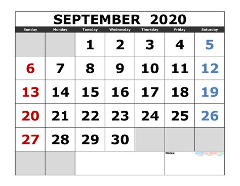 Free Editable Printable September 2020 Week Start With Sunday Example