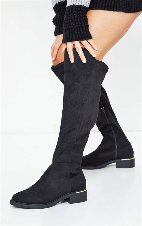 black wide fit faux suede knee high boots prettylittlething ksa