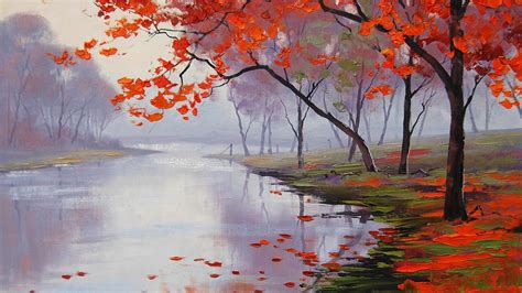 🥇 Paintings Nature Trees Autumn Season Leaves Artwork Rivers