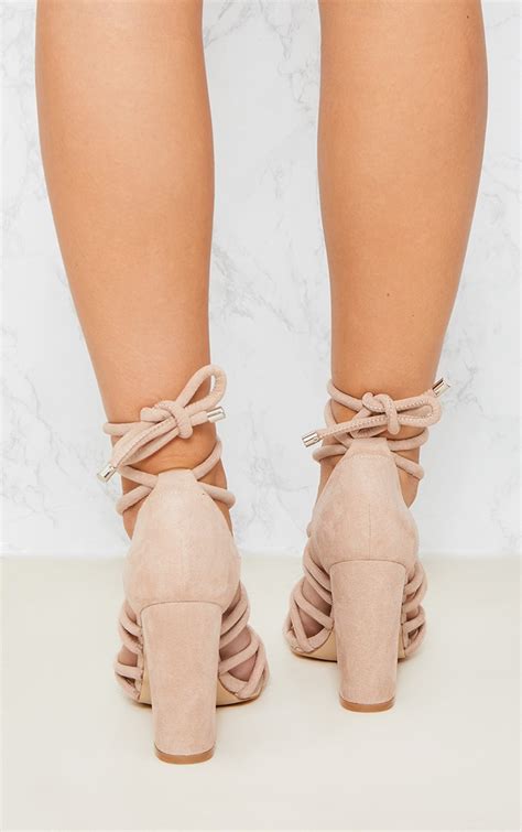beige knotted rope ankle tie block heels prettylittlething