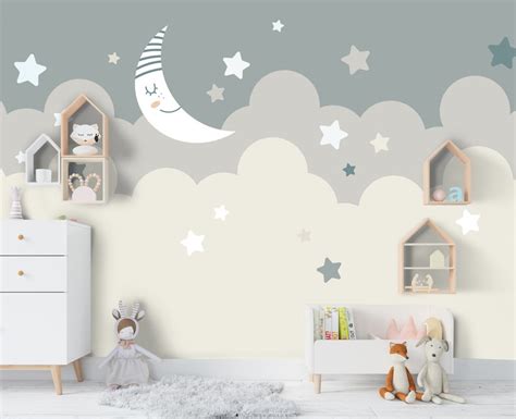3d Kids Cartoon Moonlight Cloud Wallpaper Nursery