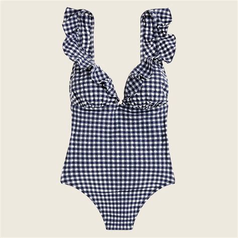 Jcrew Ruffle Plunging V Neck One Piece Swimsuit In Puckered Gingham In