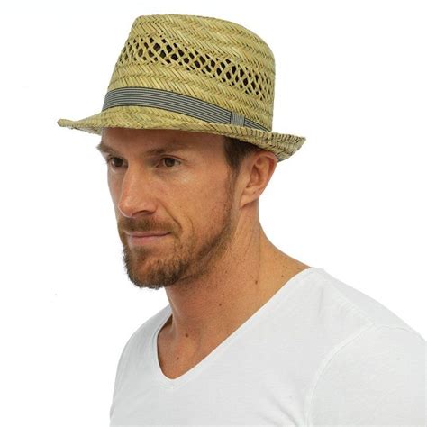 Mens Straw Trilby Hat With Striped Band Summer Sun Fedora Panama Brim L