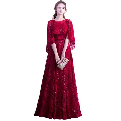 Fleepmart Wine Red Sequined Lace Long Prom Dresses 2020 A Line Scoop