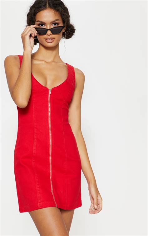 Red Denim Zip Front Dress Denim Prettylittlething Usa