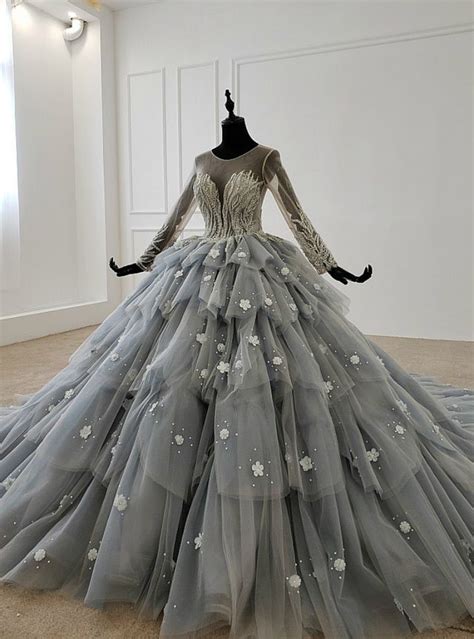 Gray Ball Gown Tulle Tiers Long Sleeve Appliques Beading Wedding Dress