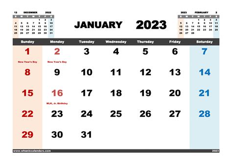 Free Printable January 2023 Calendar With Holidays Pdf In Landscape