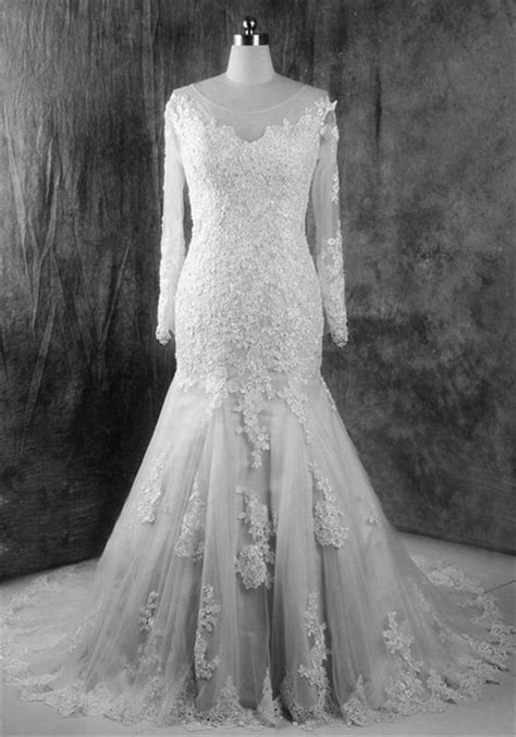Vintage Mermaid Illusion Neckline Long Sleeve Lace Wedding Dress Court