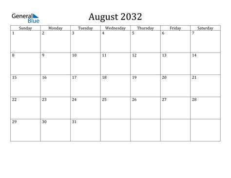 August 2032 Calendar Pdf Word Excel