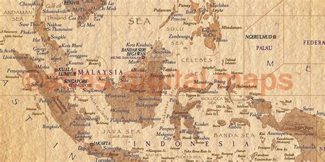 Antique Style Map Of Malaysia And Indonesia In Tan Copper And Golden