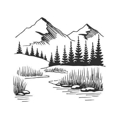 Mountain With Pine Trees And Lake Landscape Black On White Background