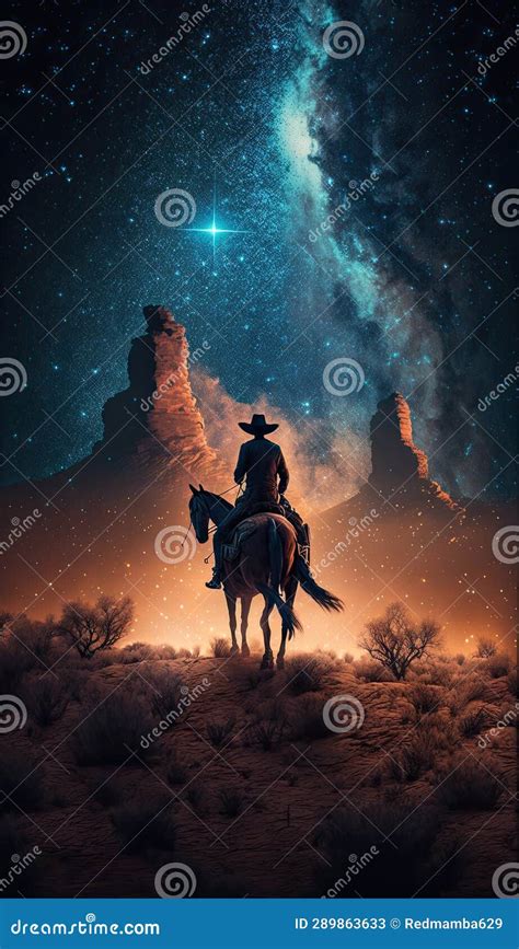 Cowboy In Night Sky Stars Created With Generative Ai Technology Stock