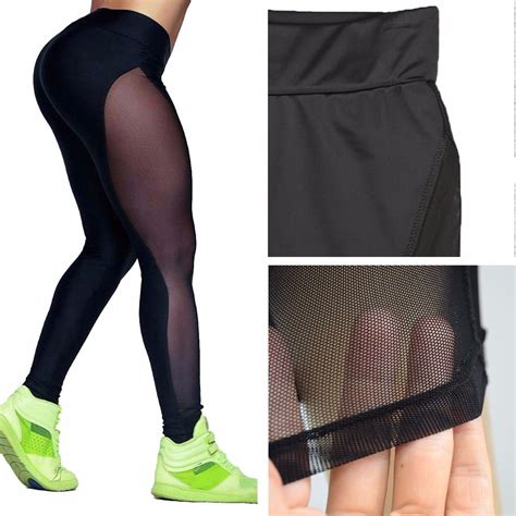 Cross1946 Activewear Yoga Pants Slim Breathable Sports Leggings Side Mesh Splice Black Fitness