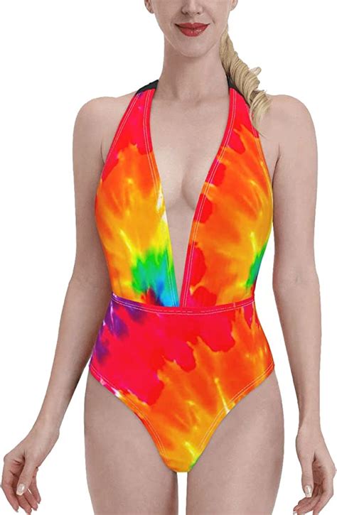 Colorful Tie Dye Women Open Back Deep V Neck Swimsuit One Piece Swimwear Bathing Suit Bikini Set