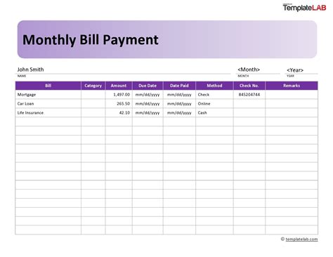 Bill Pay Calendar Template