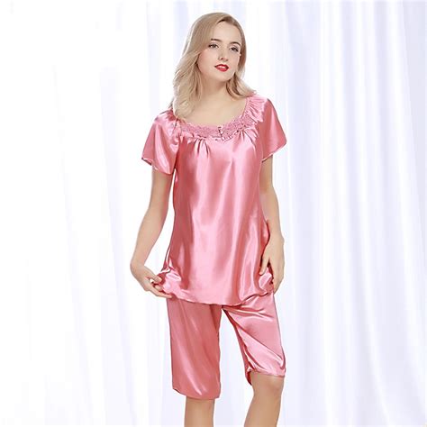 Ssh080 2017 Female Sexy Satin Silk Pajama Set High Quality Lounge Pajamas Pijama Pyjama Plus