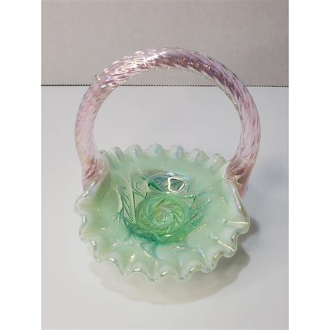 Fenton Iridized Pink And Opalescent Willow Green Aztec Mini Glass Basket Chairish