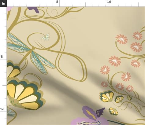 Art Nouveau Dragonfly Beige Background Fabric Spoonflower