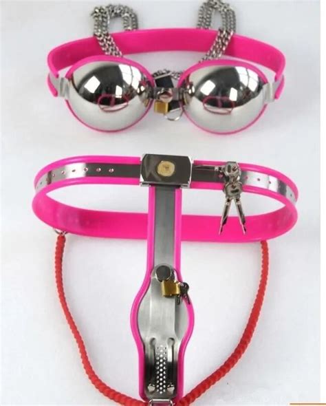 Chastity Pink And Black Female Chastity Belt Slave Bra Underwear Fetish