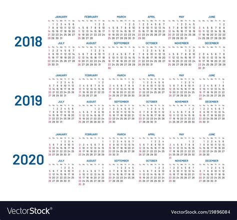 Three Years Calendar 2018 2019 2020 Isolated Vector Image