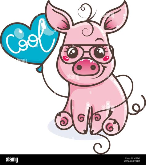Cute Cartoon Baby Pig In A Cool Sunglasses With Balloon Vector