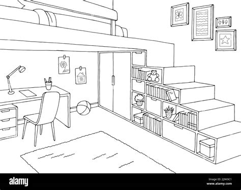 Children Room Graphic Black White Home Interior Sketch Illustration