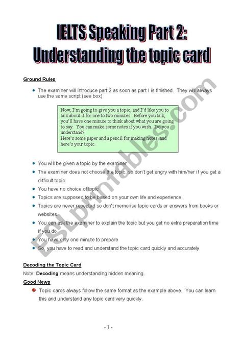 Ielts Speaking Part Understanding The Topic Card Esl Worksheet By