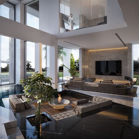 Open Concept Sunken Living Room Surrounded By Indoor Pool