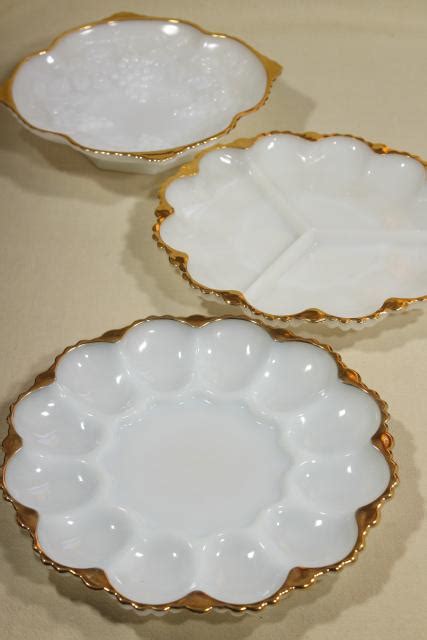 Vintage Anchor Hocking Gold Trim Milk Glass Relish Dishes And Deviled