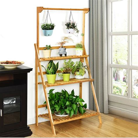 Bamboo Shelf Folding 3 Tier Ladder Book Plant Stand With Hanging Bar