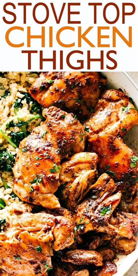 With a crispy, garlic crusted surface, juicy insides and a garlic butter sauce, this is a 5 ingredient boneless skinless chicken thigh recipe. Juicy Stove Top Chicken Thighs - Perfectly golden, tender ...