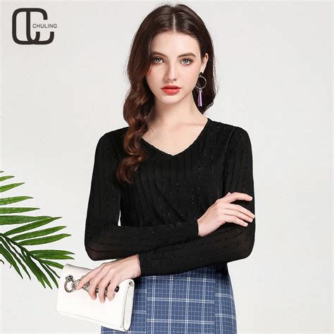 spring autumn woman s black elastic thin sexy casual plus size t shirt female elegant pullover