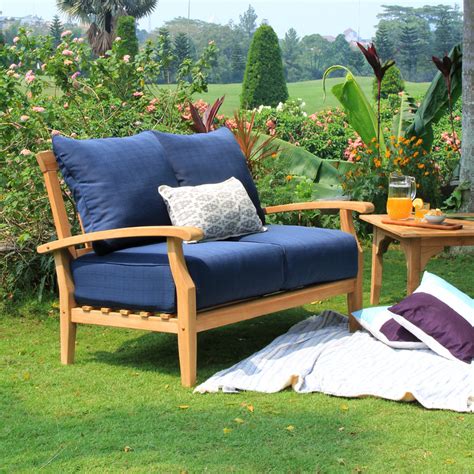 Caterina Teak Wood Outdoor Loveseat With Navy Cushion Patio Furniture