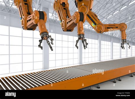 Automation Factory Concept With 3d Rendering Robot Assembly Line With Empty Conveyor Belt Stock