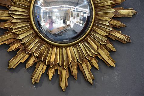 Vintage Gilded Sunburst Mirror With Convex Glass Chez Pluie