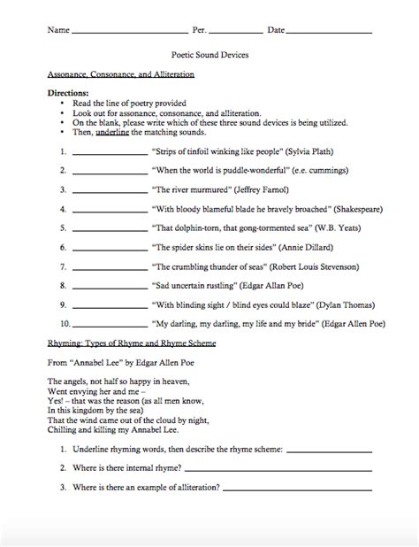 Poetic Sound Devices Worksheet For 9th 12th Grade Lesson Planet