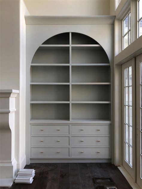 Arched Built Ins Drawers And Shelving Grey Built Ins Living Built