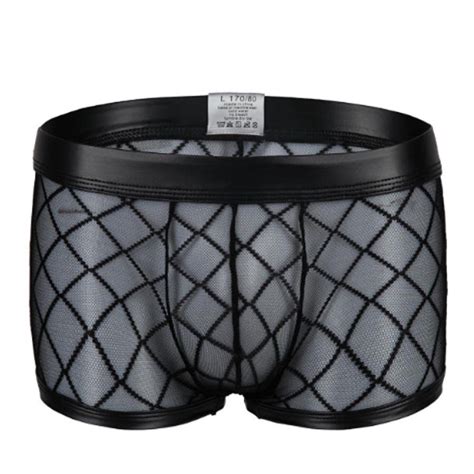 Sexy Breathable Men S See Through Checker Mesh Low Rise Boxer Briefs Sheer Underwear With Faux