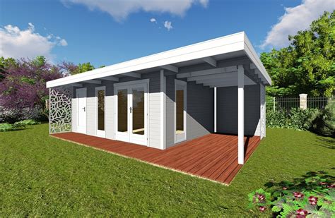 Auf zwei etagen können sie sich den idealen rückzugsort im garten einrichten, der auch als gästehaus genutzt werden kann. Gartenhaus Design Flachdach mit Anbau und Terrasse 40 mm ...