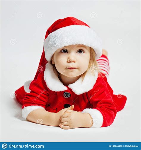 Baby In Santa Hat On White Background Stock Image Image Of Small