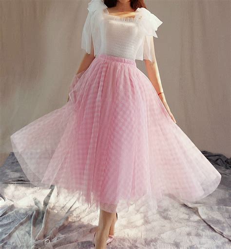 Women Pink Plaid Long Tulle Skirt Elastic Full Tulle Skirt Plus Size Formal Party Skirt