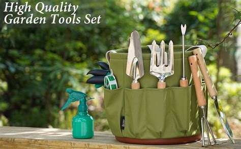 9 Piece Garden Tote And Tools Set Garden Bucket Tool Kit Organizer With 18 Deep Pockets