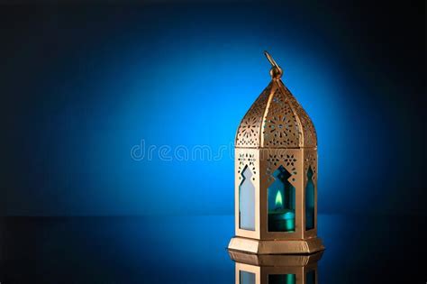 Gold And Blue Islamic Lantern For Ramadan Eid Celebrations Stock