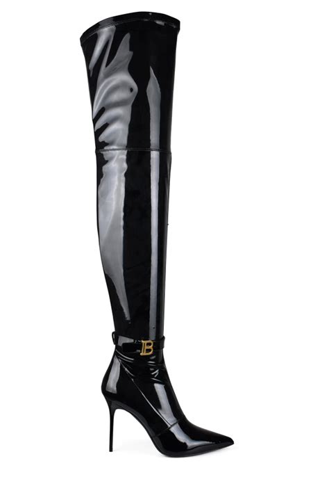 Luxury Women S Thigh High Boots Raven Balmain Thigh High Boots In Black Leather And Gold Logo