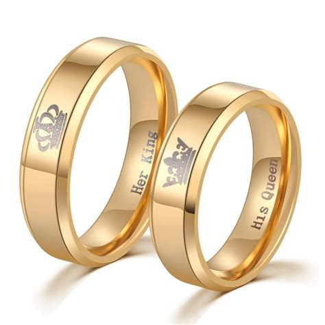 Her King And His Queen Crown Gold Plated Stainless Steel Couples Rings Couple Ring Design