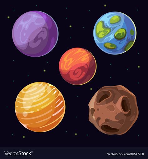 Cartoon Alien Planets Moons Asteroid On Space Vector Image