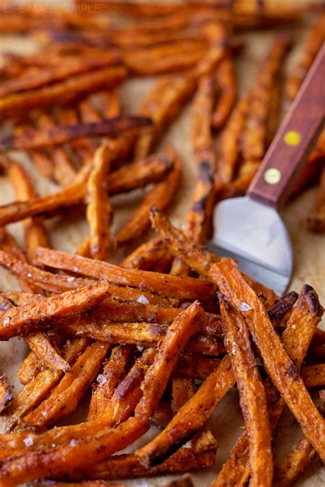 Halve the sweet potatoes lengthwise and cut each half into 3 long spears. Perfect Baked Sweet Potato Fries - Life Made Simple